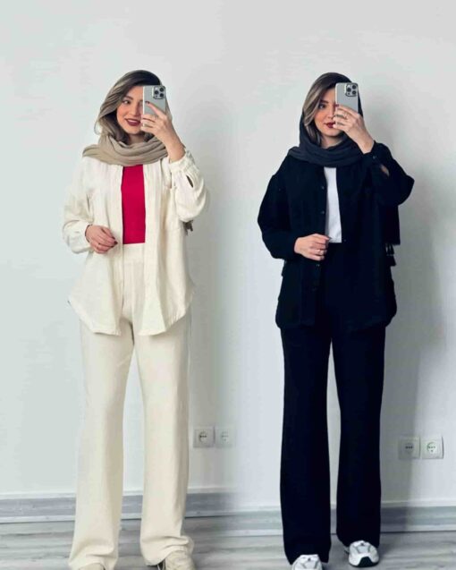 شلوار نیم بگ کنفی (مشکی و استخونی) - Image 4