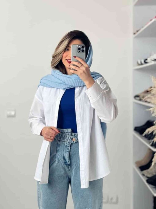 شومیز سفید بیسیک قد 70  لینن - Image 4