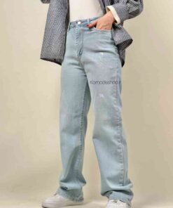 شلوار واید استایل کمر ساده آبی یخی  ( جین کجراه ترک )