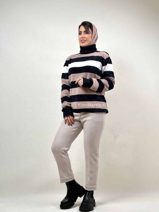 بلوز یقه اسکی راه راه بافت مخمل ترک - Image 4