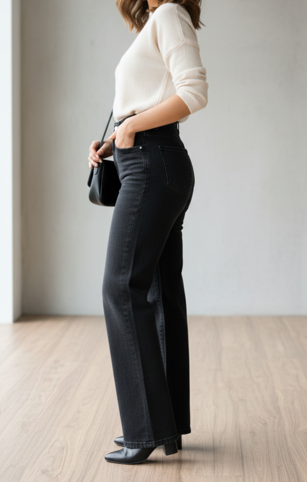 شلوار واید استایل کمر ساده زغالی ( جین کجراه ترک ) - Image 2