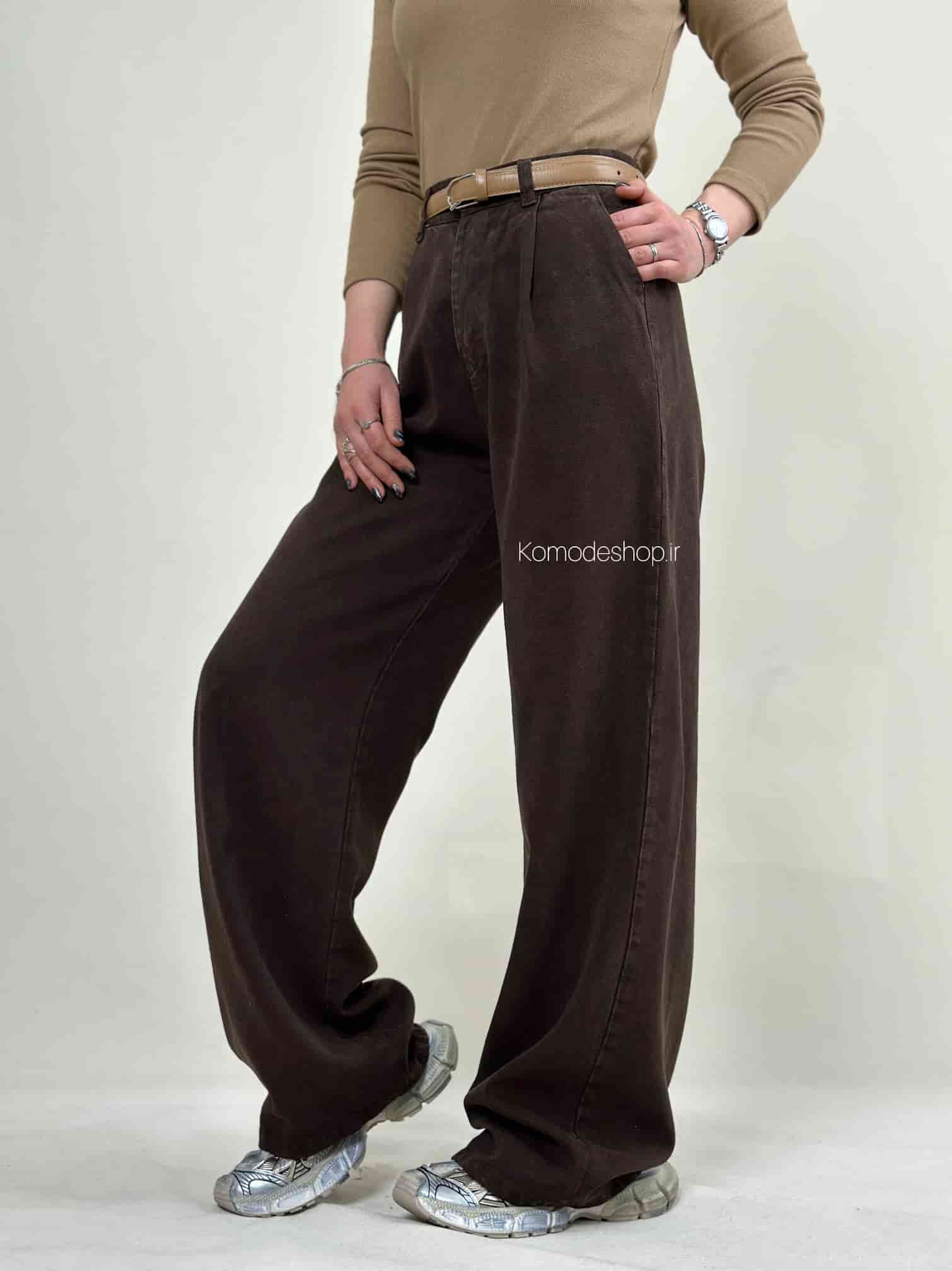 شلوار کتان سیلک کجراه ترک قهوه ای - Image 2