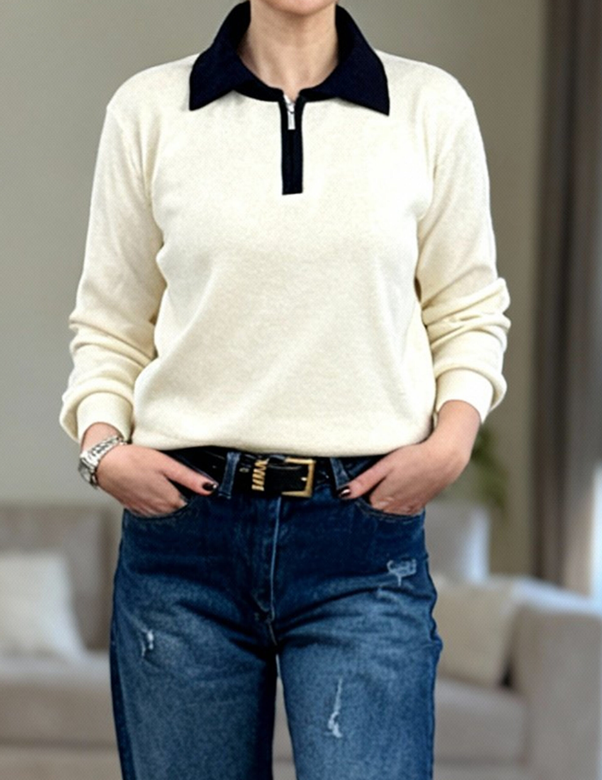 بلوز بافت نیم زیپ کالج - Image 3