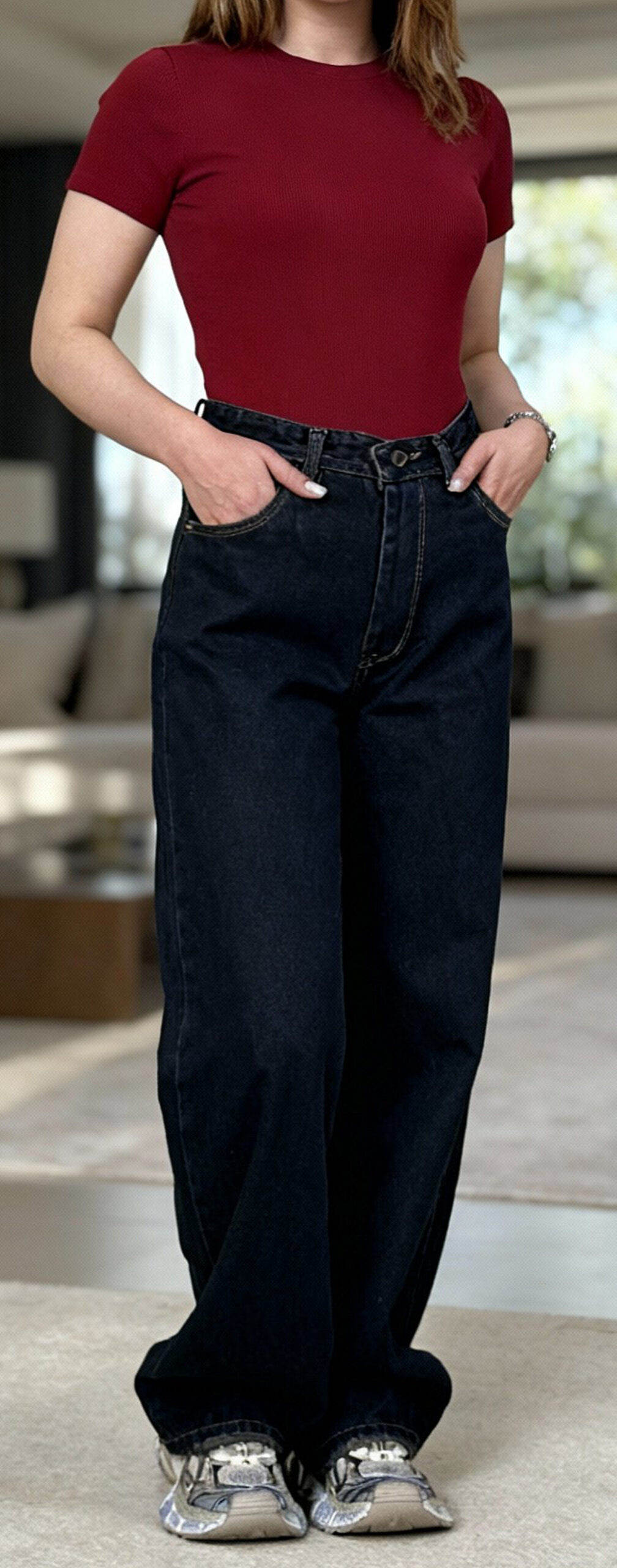 شلوار نیم بگ کمر ساده سرمه ای خام شور - Image 6