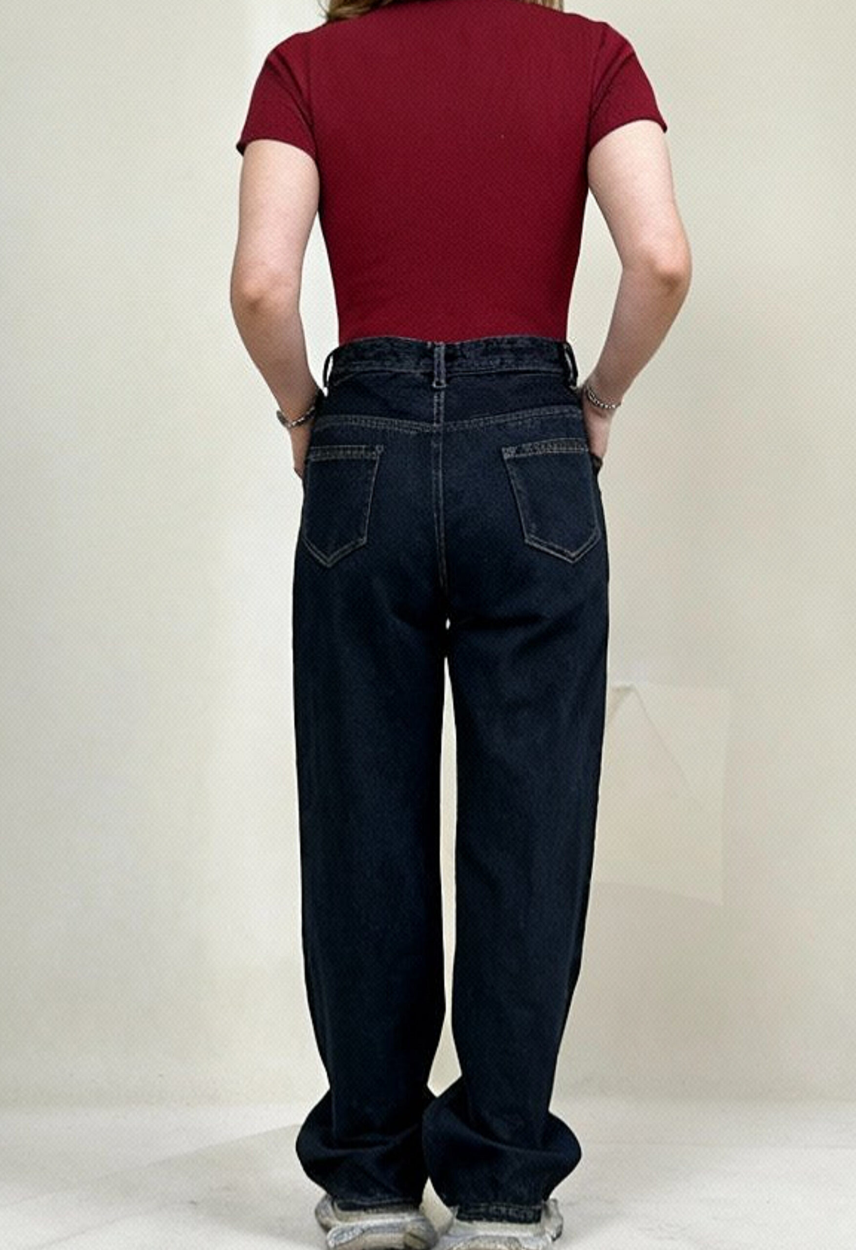 شلوار نیم بگ کمر ساده سرمه ای خام شور - Image 3