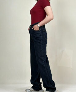 شلوار نیم بگ کمر ساده سرمه ای خام شور