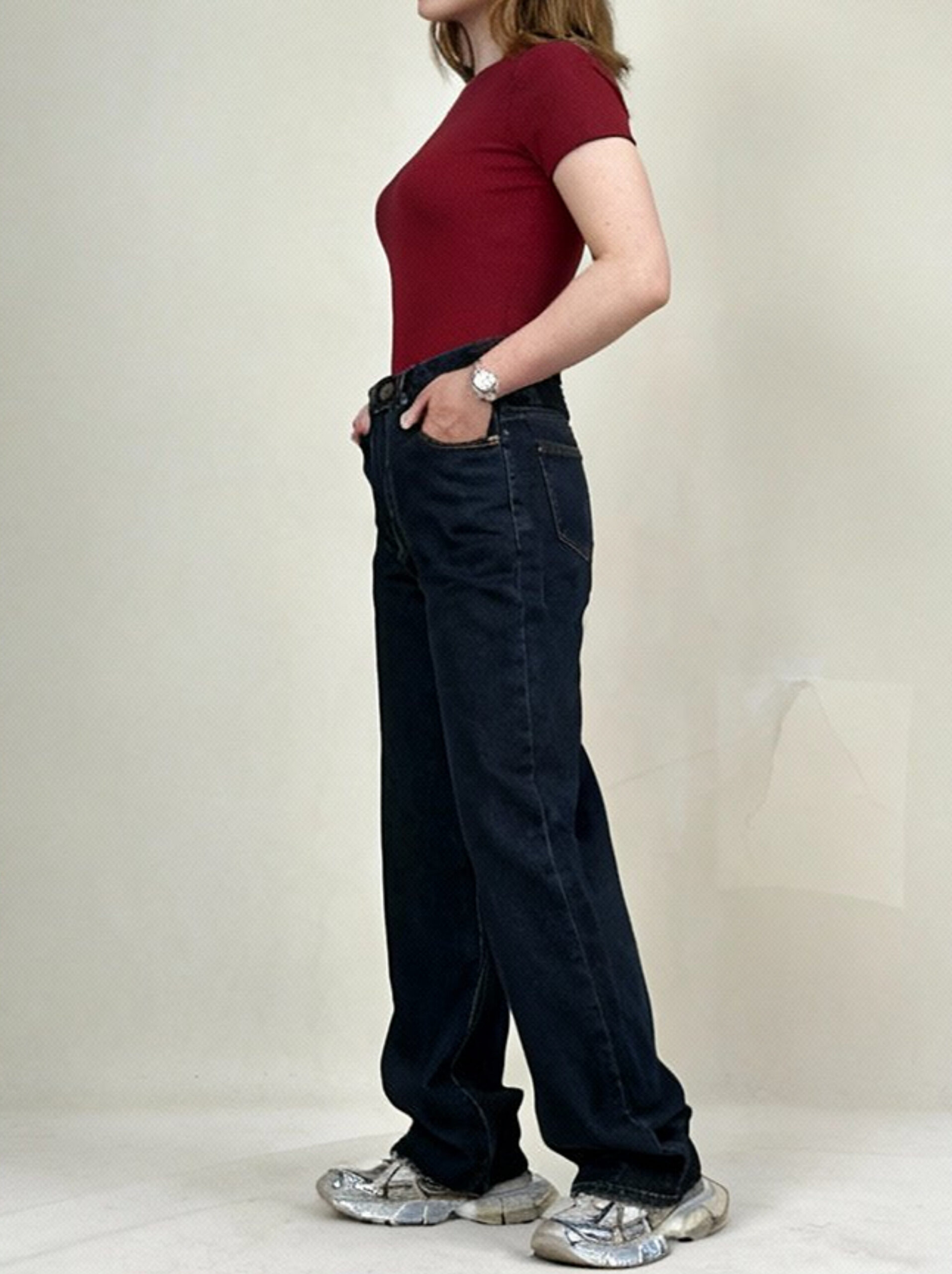 شلوار نیم بگ کمر ساده سرمه ای خام شور