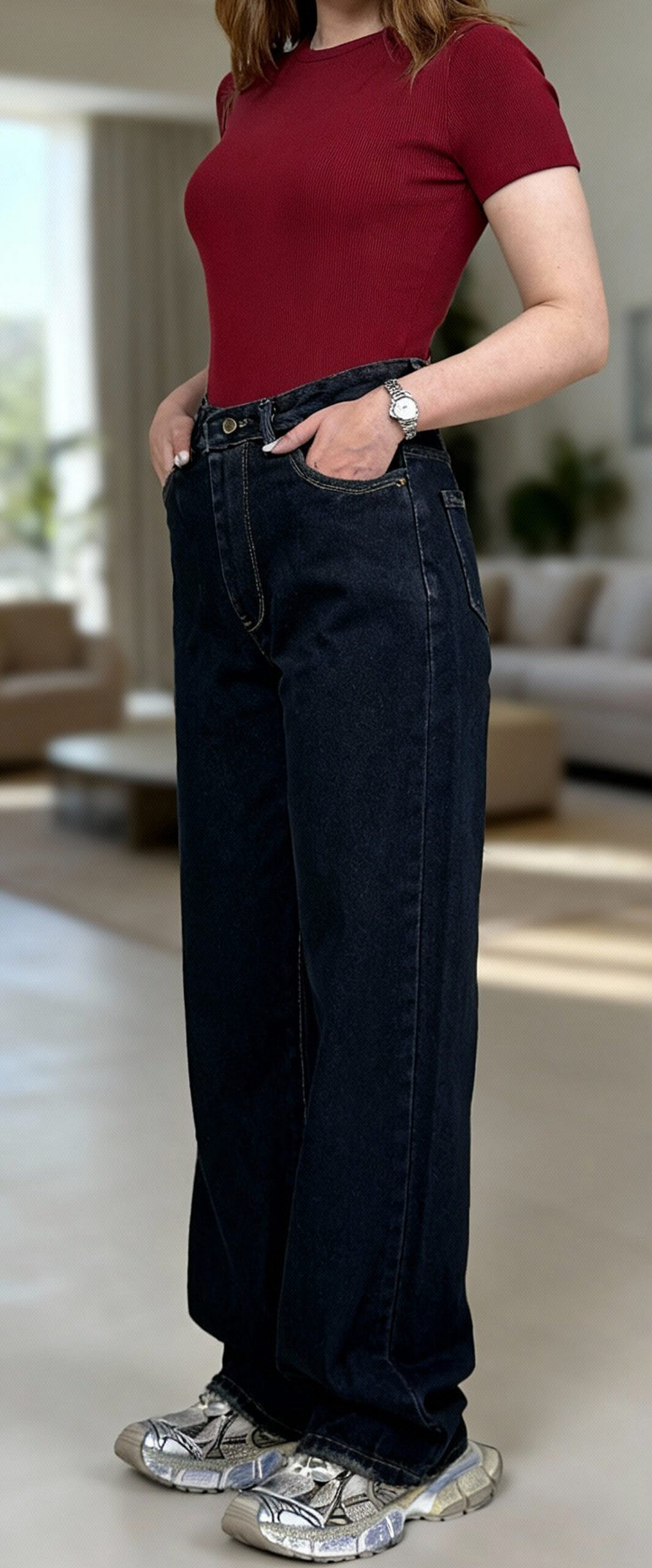 شلوار نیم بگ کمر ساده سرمه ای خام شور - Image 2