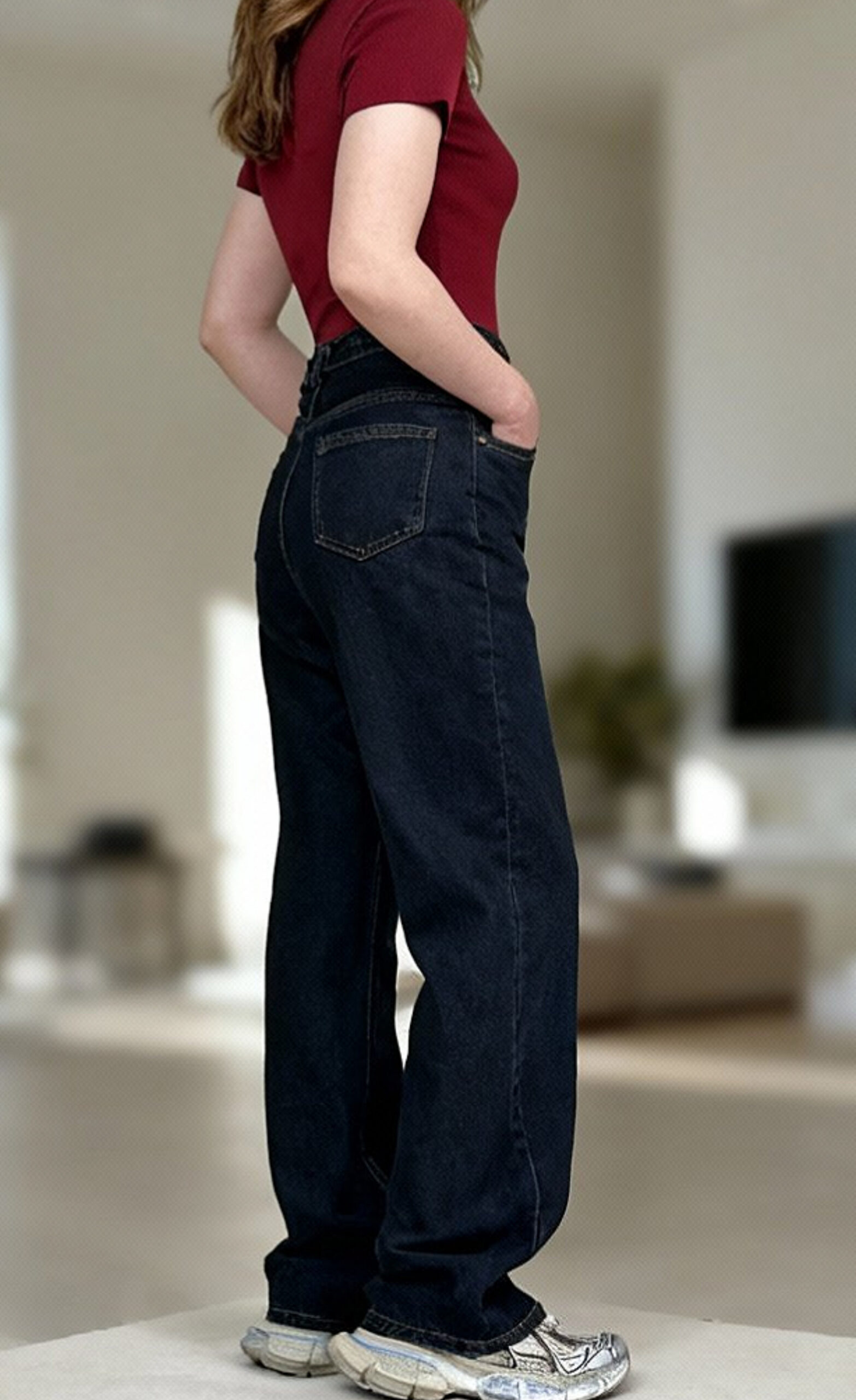 شلوار نیم بگ کمر ساده سرمه ای خام شور - Image 4