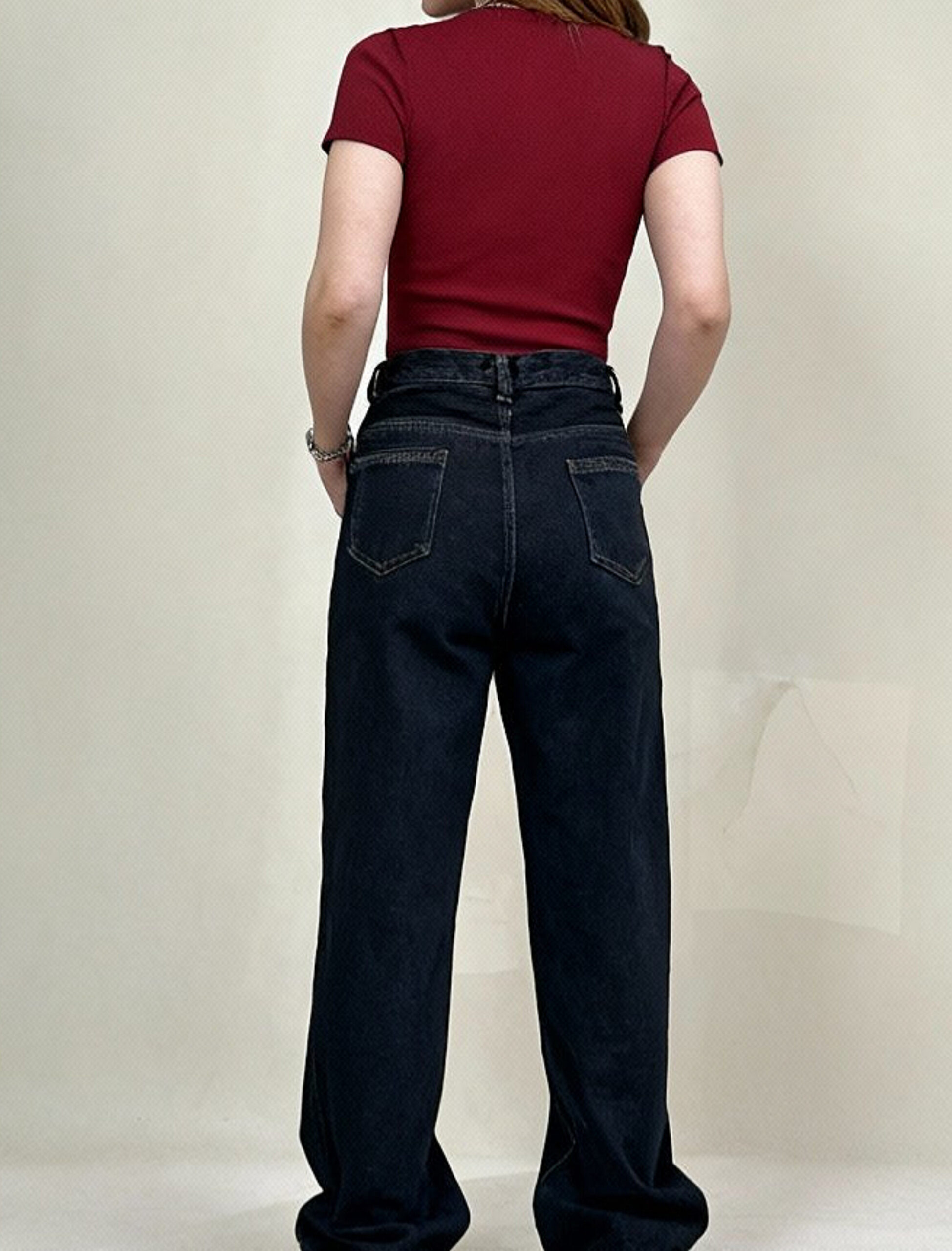 شلوار نیم بگ کمر ساده سرمه ای خام شور - Image 5