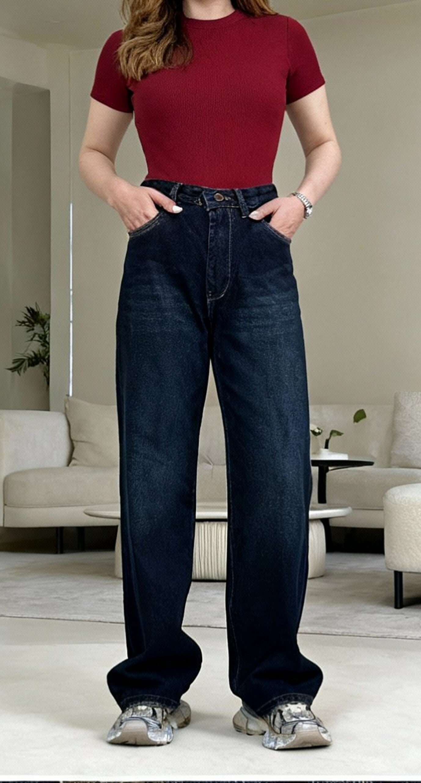 شلوار نیم بگ کمر ساده سرمه ای کاربنی - Image 2