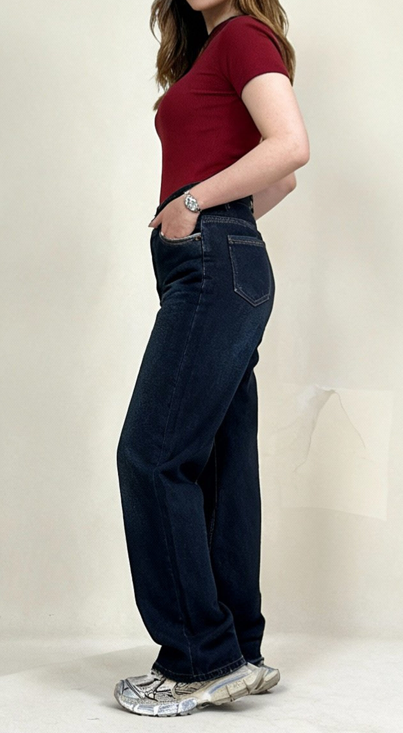 شلوار نیم بگ کمر ساده سرمه ای کاربنی - Image 3