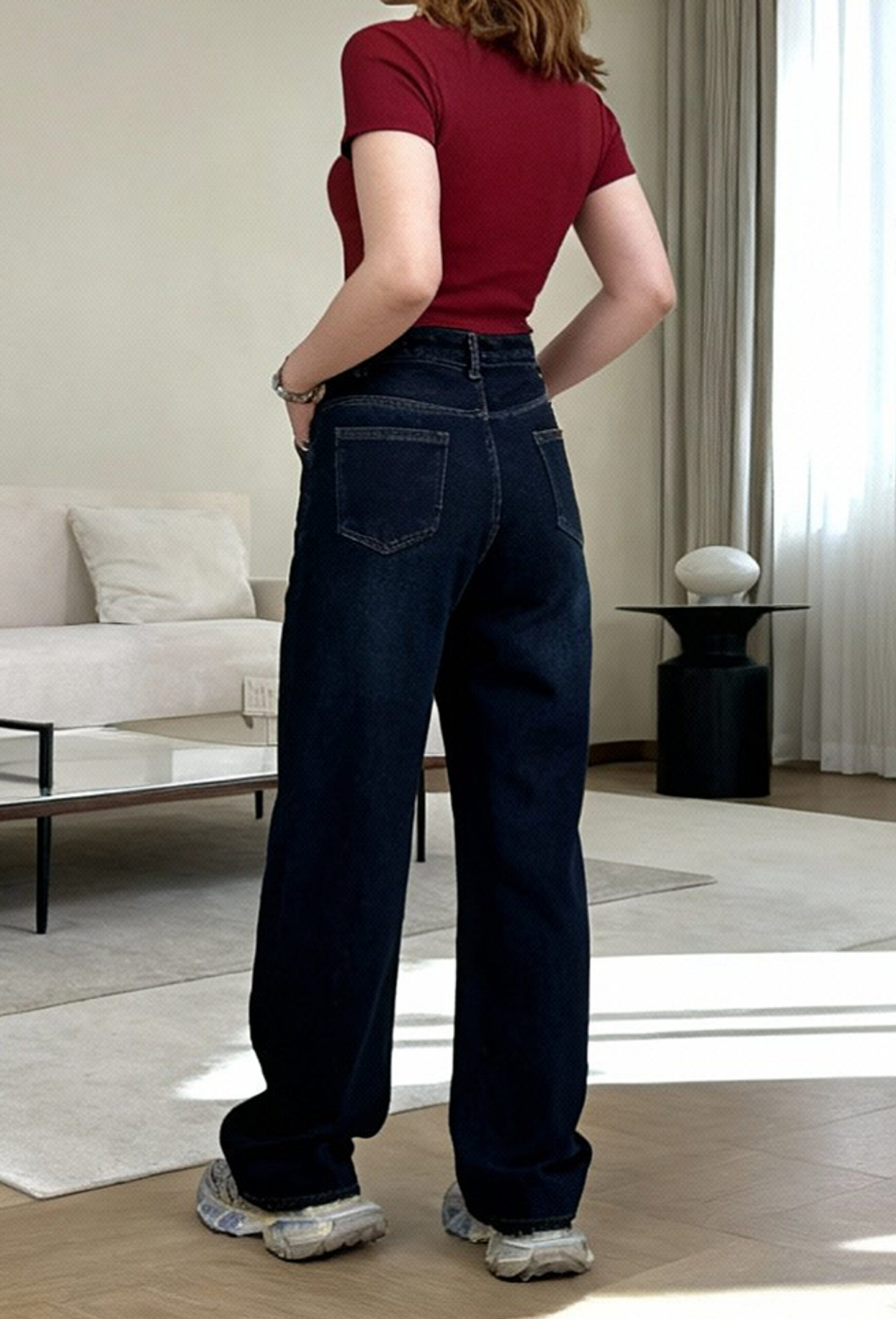 شلوار نیم بگ کمر ساده سرمه ای کاربنی - Image 4