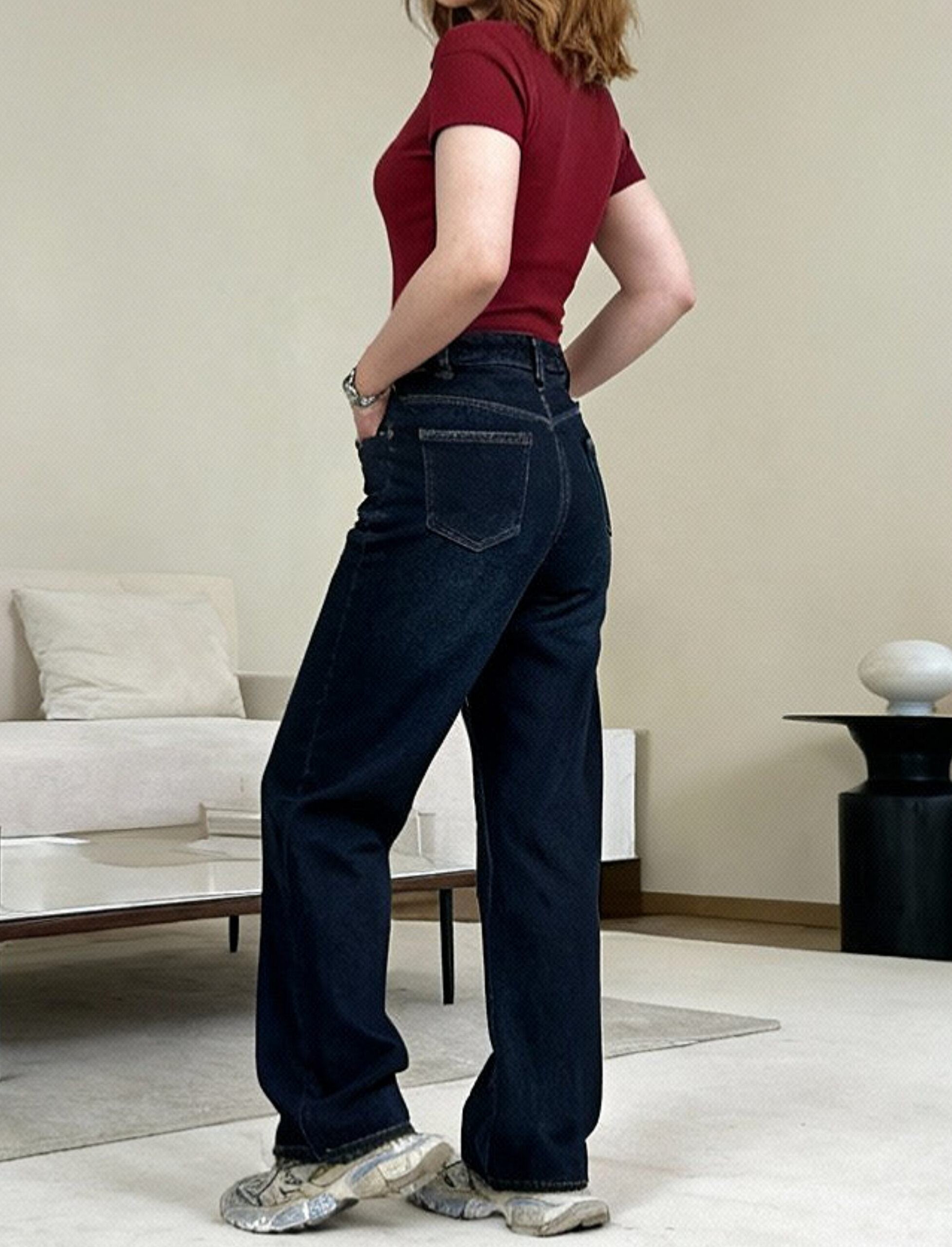 شلوار نیم بگ کمر ساده سرمه ای کاربنی