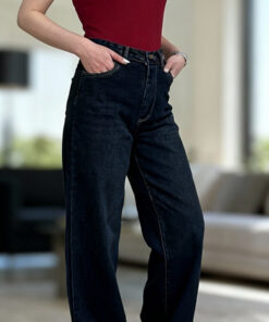 شلوار نیم بگ کمر ساده سرمه ای تینت خام