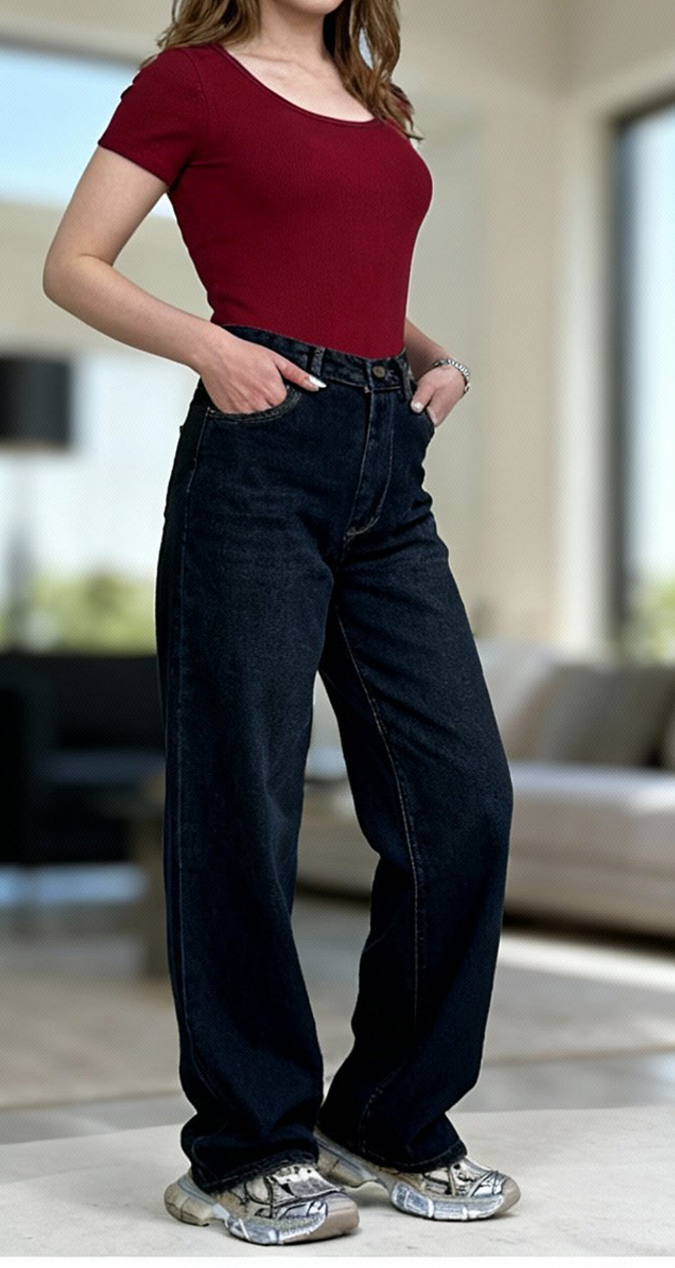 شلوار نیم بگ کمر ساده سرمه ای تینت خام