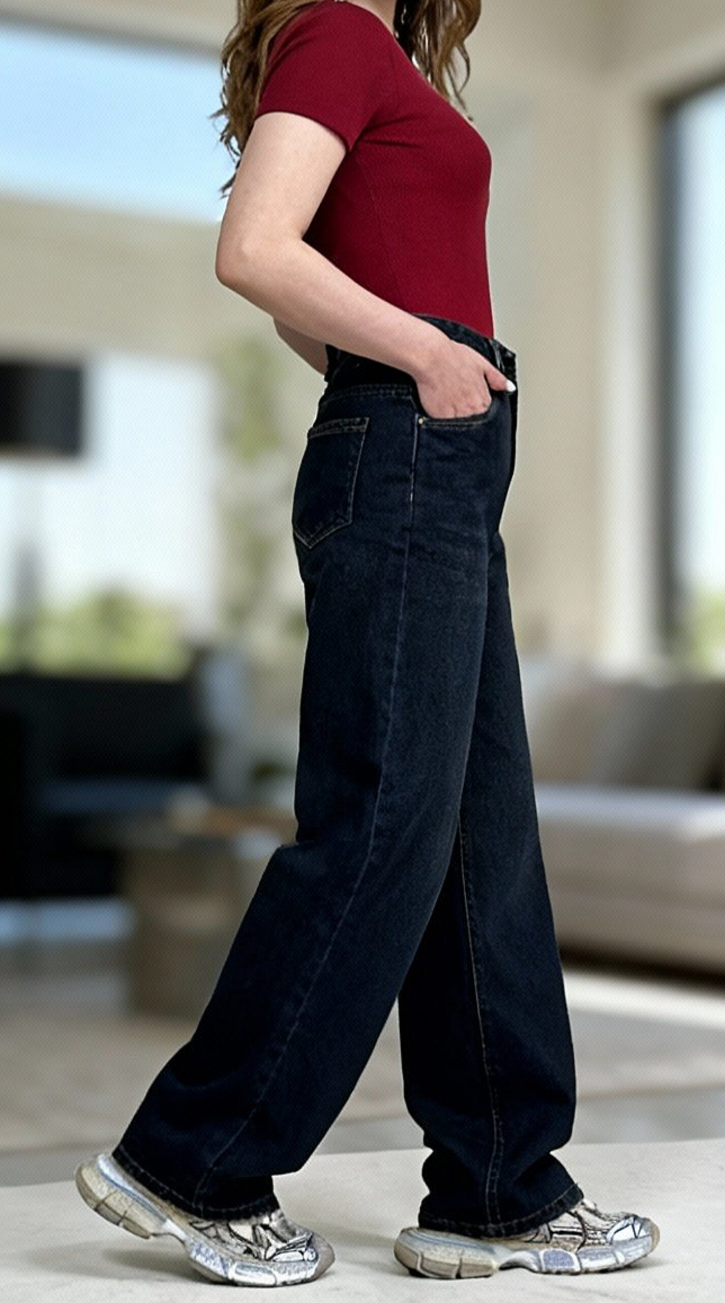 شلوار نیم بگ کمر ساده سرمه ای تینت خام - Image 2