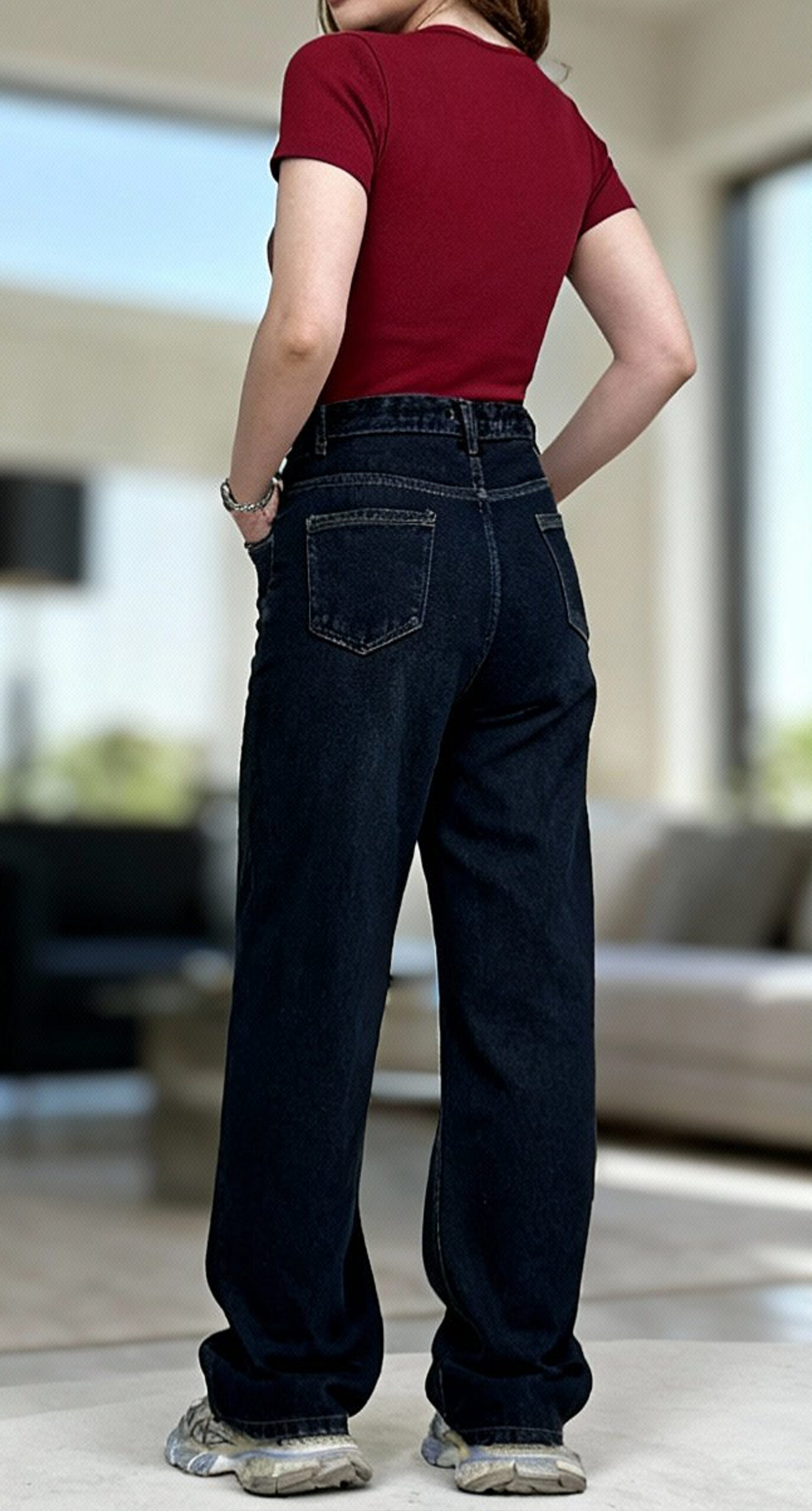 شلوار نیم بگ کمر ساده سرمه ای تینت خام - Image 3