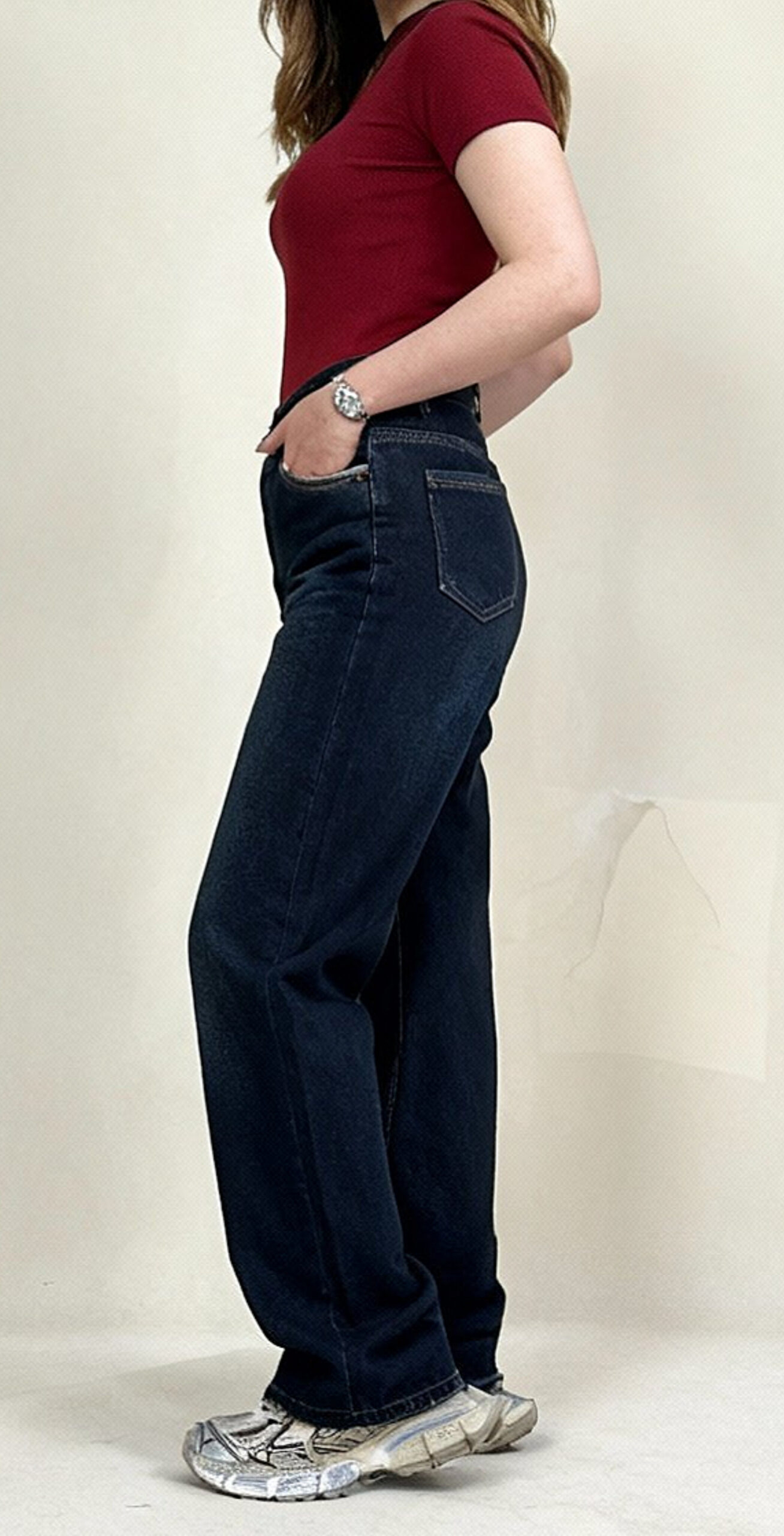 شلوار نیم بگ کمر ساده سرمه ای تینت خام - Image 5