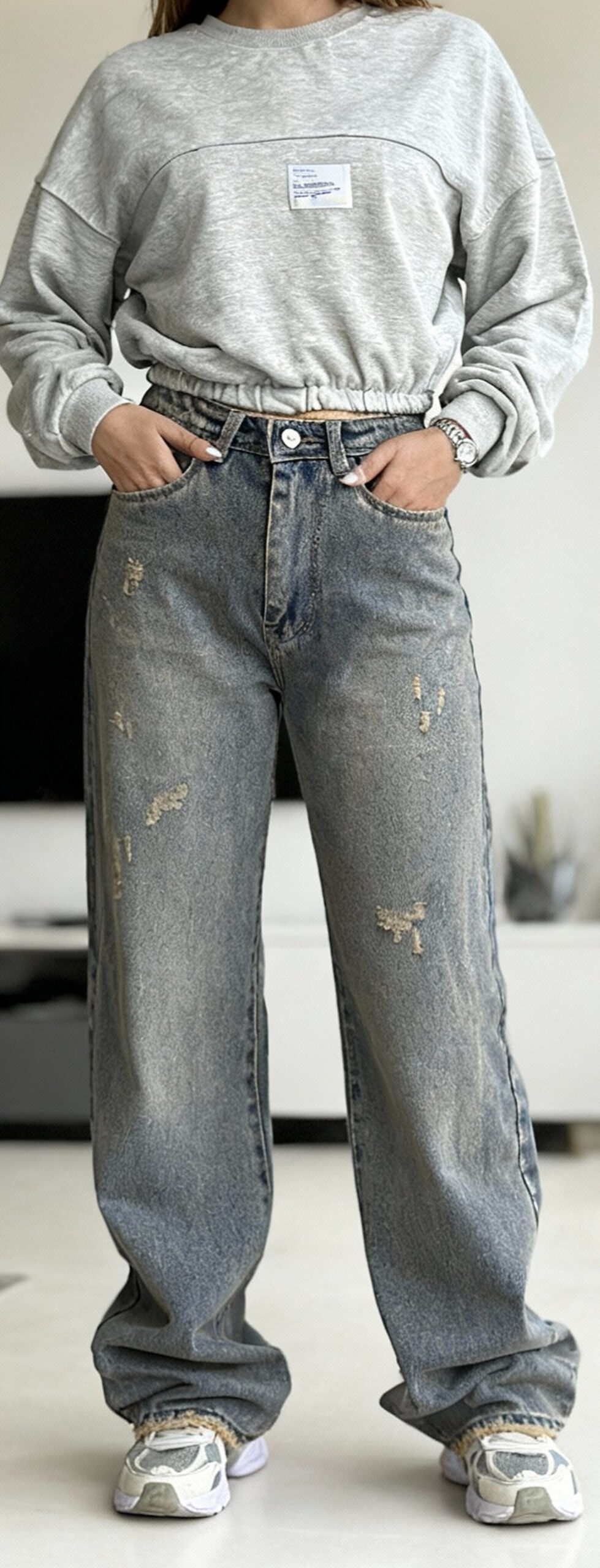 شلوار نیم بگ کمر ساده برفکی تینت - Image 2