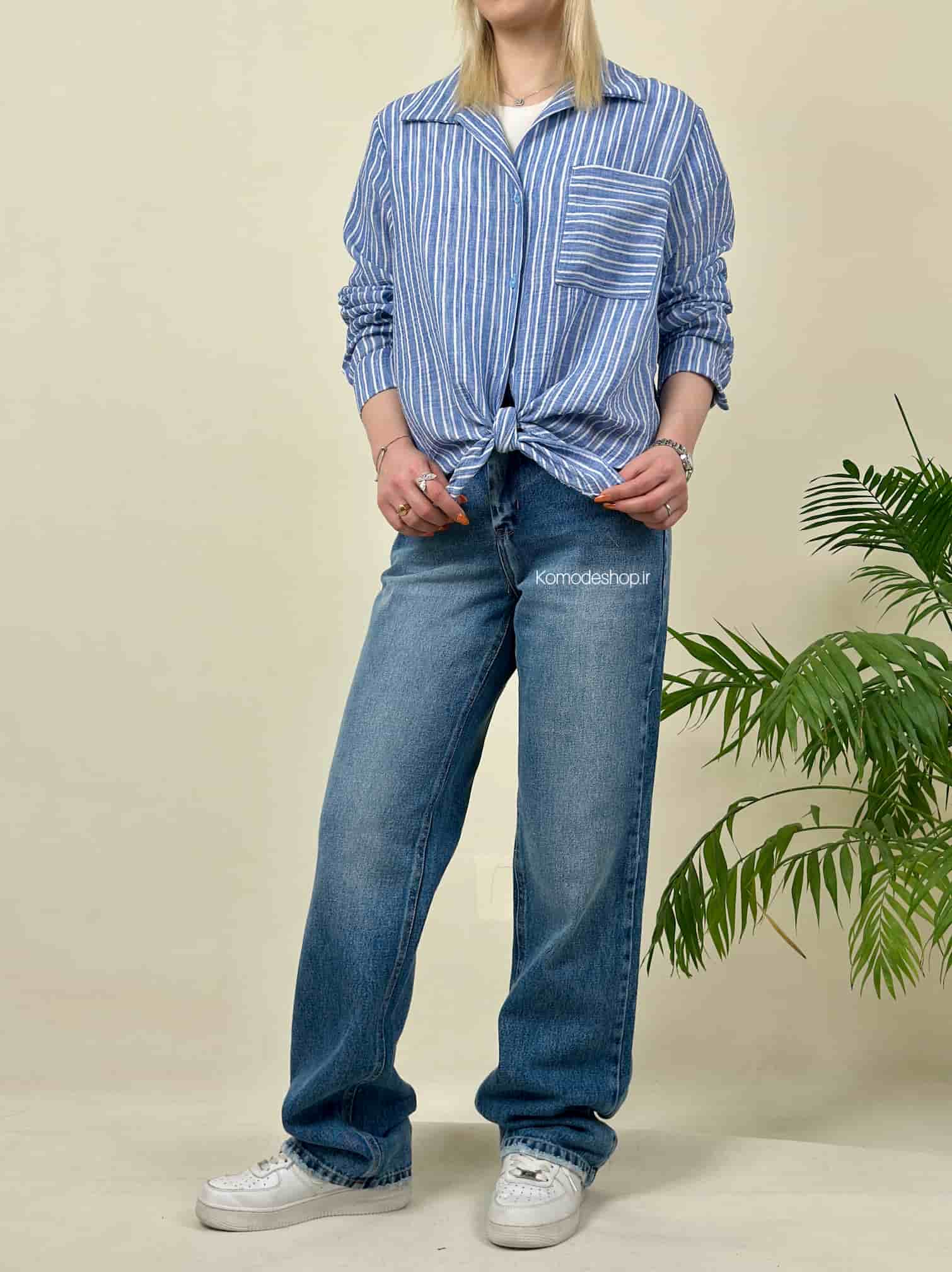 شومیز لینن زنانه گرهای راه راه - Image 10