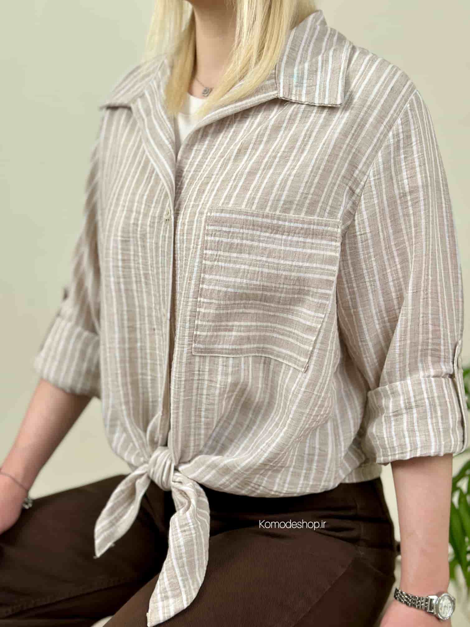 شومیز لینن زنانه گرهای راه راه - Image 11