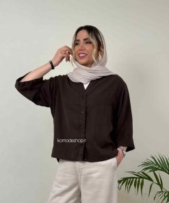 شومیز سیلک باکسی کراپ زنانه - قهوه ای