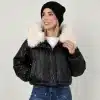 جکت کاپشنی زنانه بوفالو مدل MFL مشکی با خز روشن و مچ کشدار